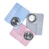 Lick and Feast Slow Feeder Enrichment Mats in pastel blue pink and gray with stainless bowls for slow feeding and licking.